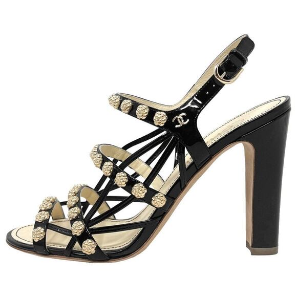 Chanel Black Patent Camellia Studded Caged Sandals – 37.5
